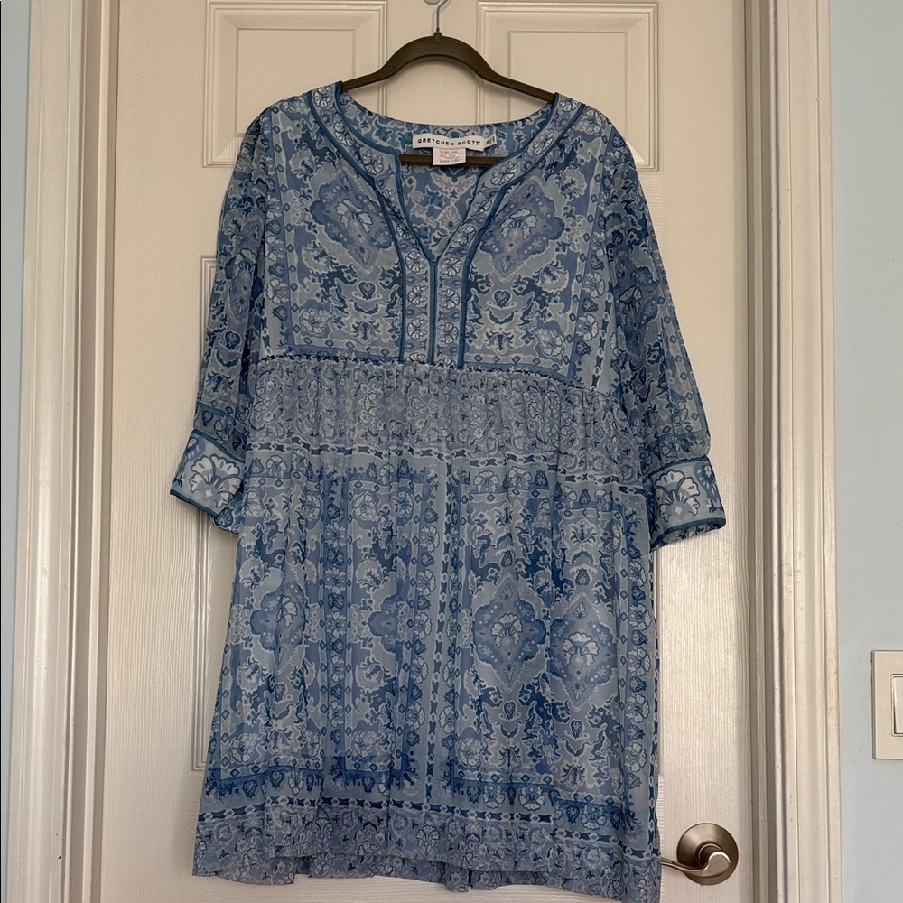 Gretchen Scott  Patterned Tunic Dress Sheer Sleeves